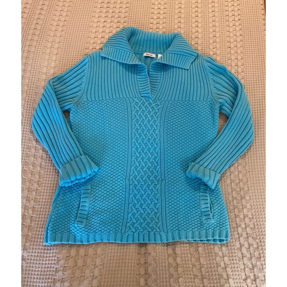 Liz & Co Sweater Size XL Cable‎ & Rib Knit V Neck Collar Pockets Turquoise Blue